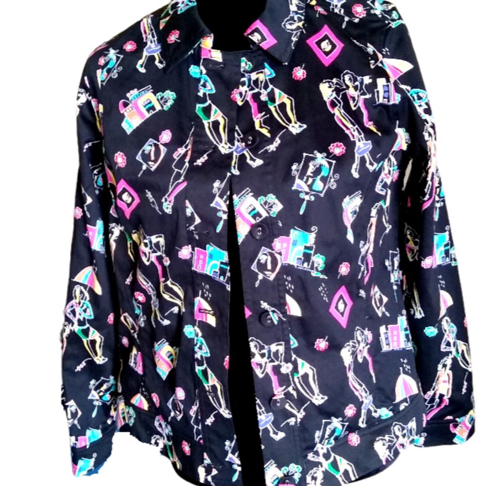 Attyre New York Button Up Shirt Jacket Fashion Print Black Women's Petite Medium